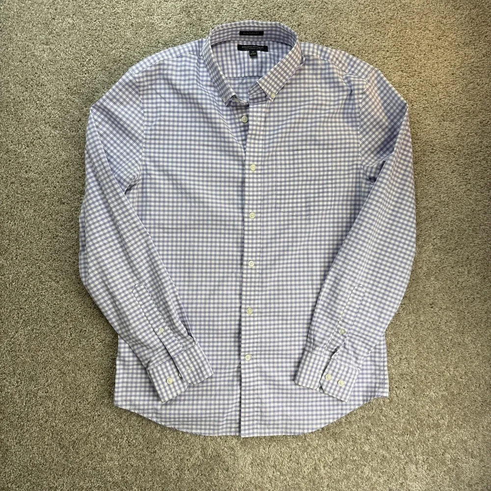 Banana Republic Dress Shirt Mens Medium Purple Gingham Slim Flex Fit Stretch